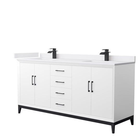 Wyndham Collection Amici 72" Double Bathroom Vanity in White, White Cultured Marble Countertop, Undermount Square Sinks, Matte Black Trim