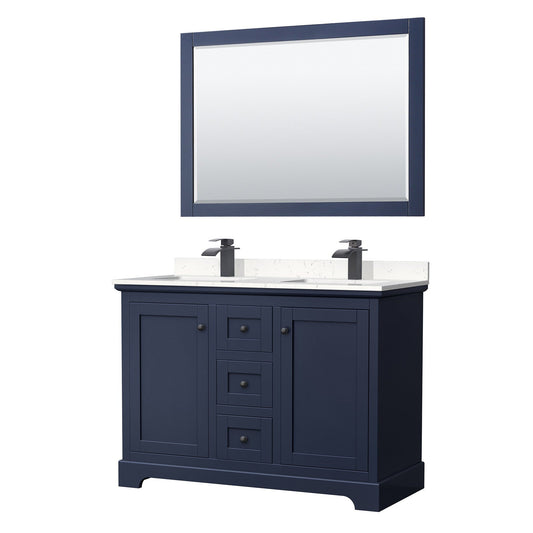 Wyndham Collection Avery 48" Double Bathroom Vanity in Dark Blue, Carrara Cultured Marble Countertop, Undermount Square Sinks, Matte Black Trim, 46" Mirror