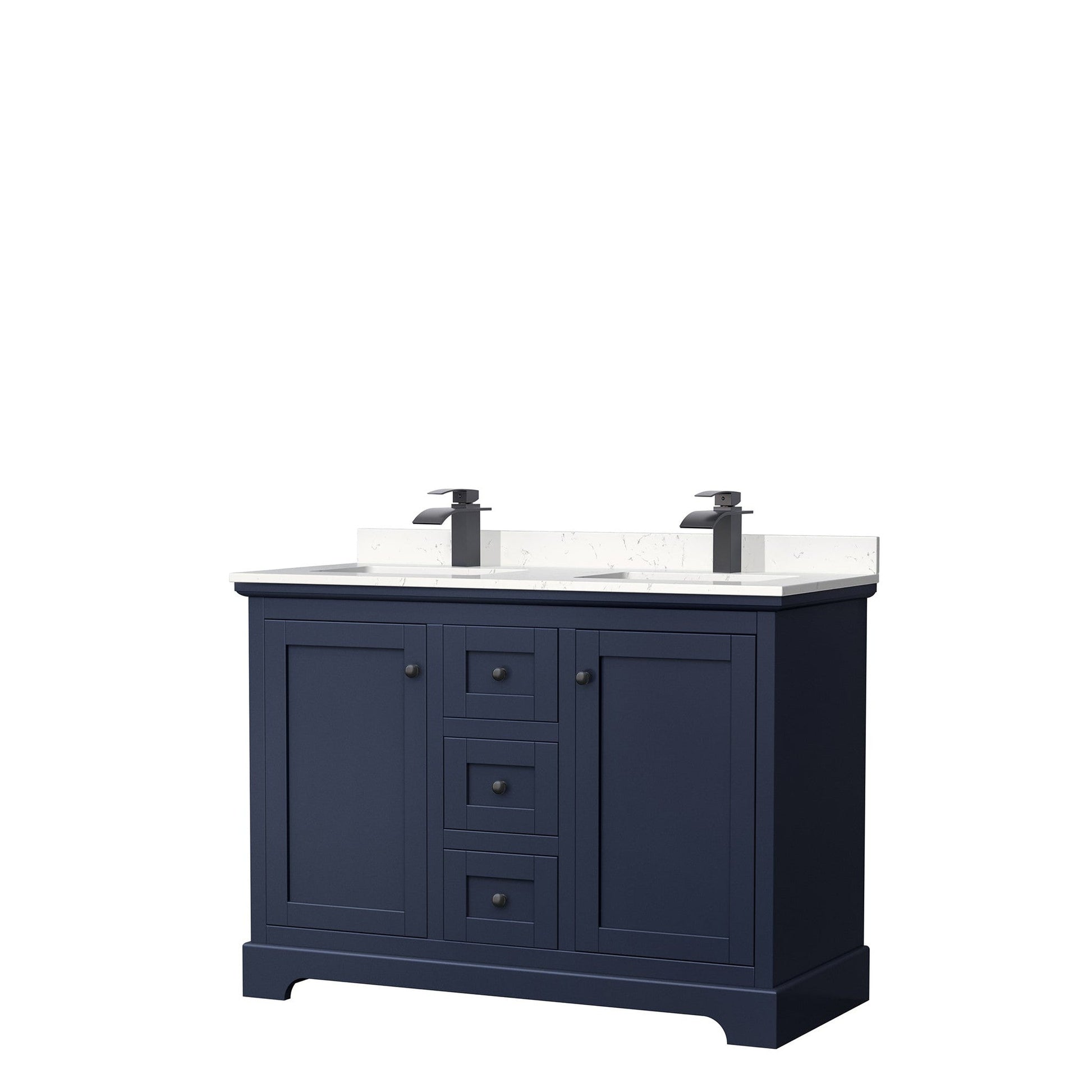 Wyndham Collection Avery 48" Double Bathroom Vanity in Dark Blue, Carrara Cultured Marble Countertop, Undermount Square Sinks, Matte Black Trim