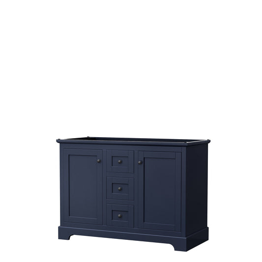 Wyndham Collection Avery 48" Double Bathroom Vanity in Dark Blue, No Countertop, No Sinks, Matte Black Trim