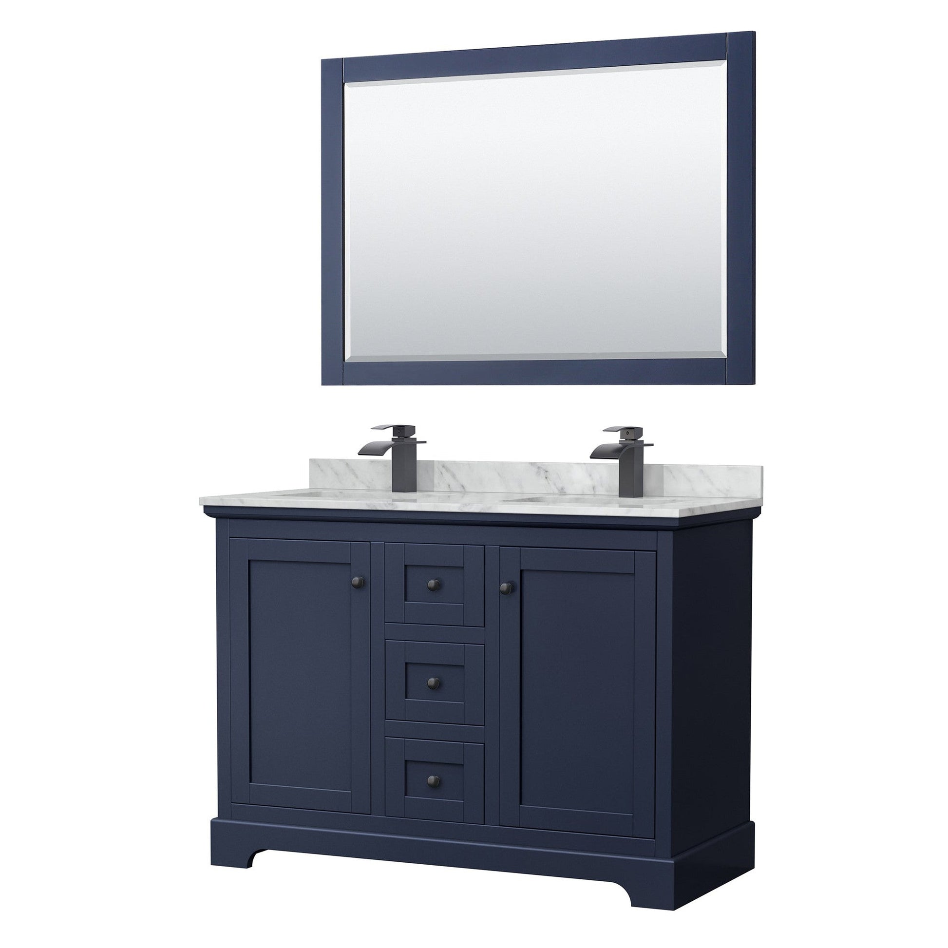 Wyndham Collection Avery 48" Double Bathroom Vanity in Dark Blue, White Carrara Marble Countertop, Undermount Square Sinks, Matte Black Trim, 46" Mirror