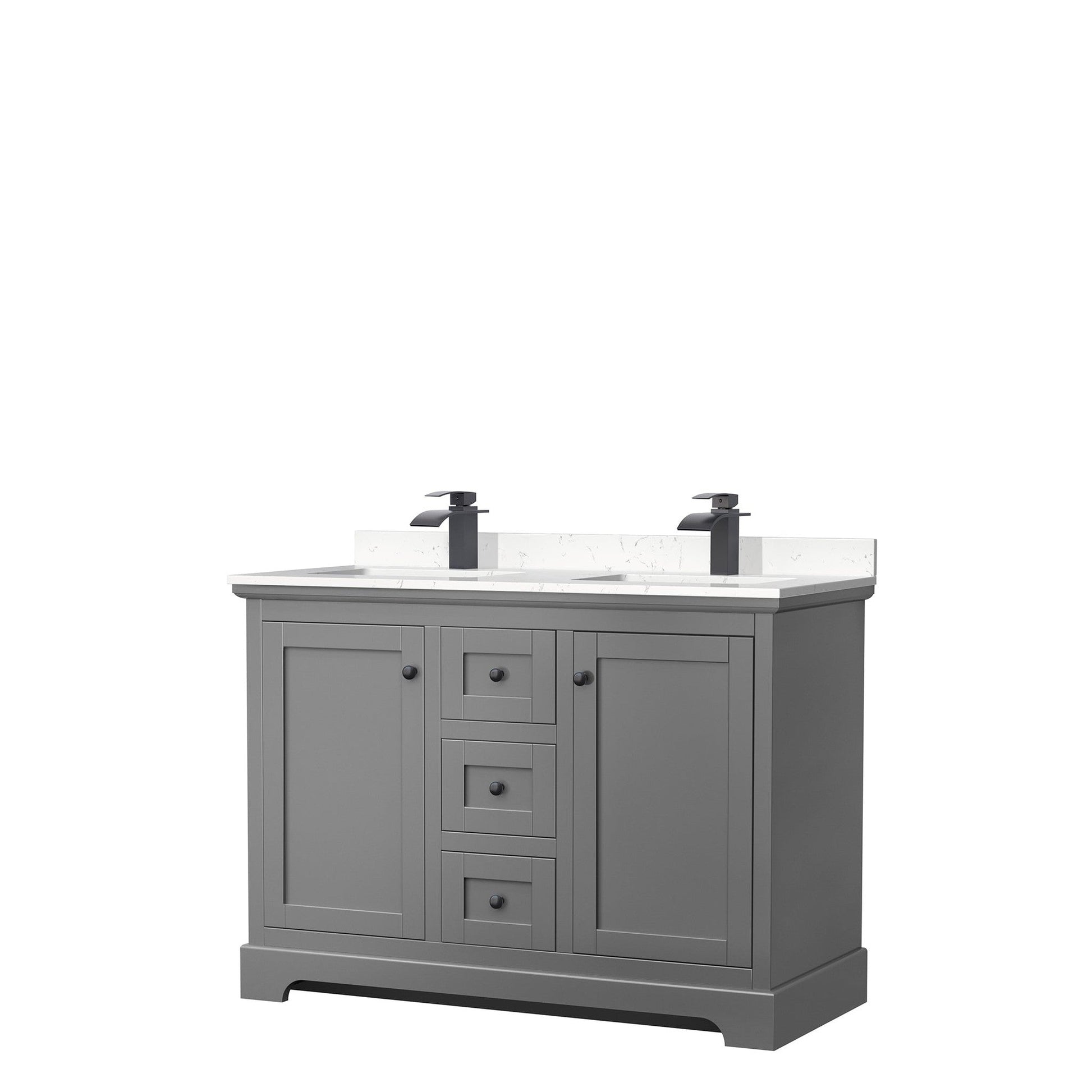 Wyndham Collection Avery 48" Double Bathroom Vanity in Dark Gray, Carrara Cultured Marble Countertop, Undermount Square Sinks, Matte Black Trim