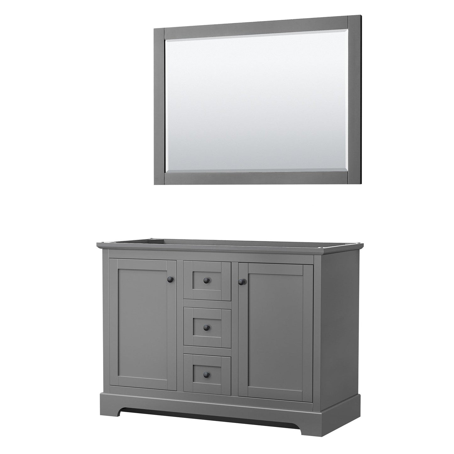 Wyndham Collection Avery 48" Double Bathroom Vanity in Dark Gray, No Countertop, No Sinks, Matte Black Trim, 46" Mirror