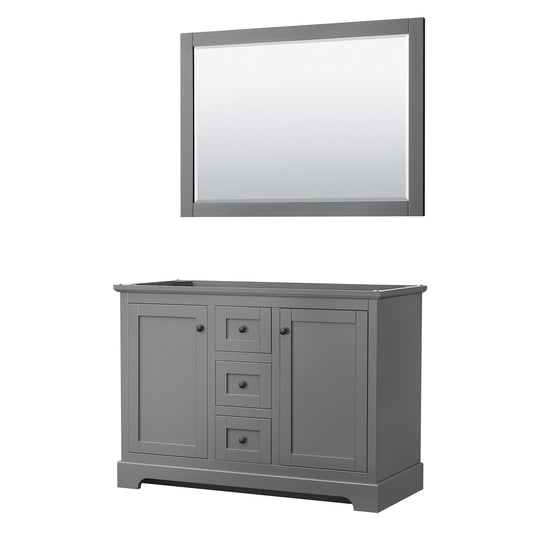 Wyndham Collection Avery 48" Double Bathroom Vanity in Dark Gray, No Countertop, No Sinks, Matte Black Trim, 46" Mirror