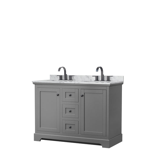 Wyndham Collection Avery 48" Double Bathroom Vanity in Dark Gray, White Carrara Marble Countertop, Undermount Oval Sinks, Matte Black Trim