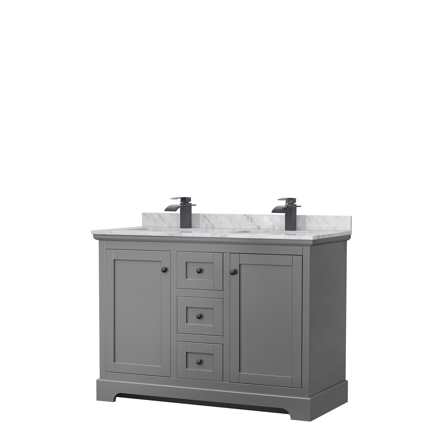 Wyndham Collection Avery 48" Double Bathroom Vanity in Dark Gray, White Carrara Marble Countertop, Undermount Square Sinks, Matte Black Trim