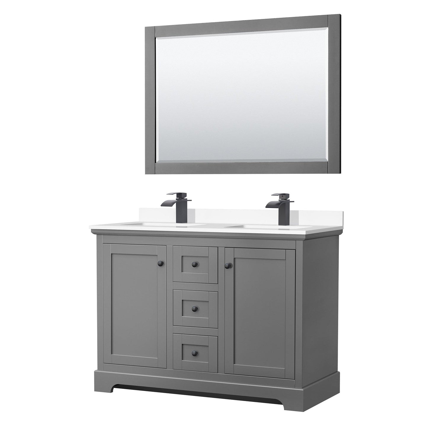 Wyndham Collection Avery 48" Double Bathroom Vanity in Dark Gray, White Cultured Marble Countertop, Undermount Square Sinks, Matte Black Trim, 46" Mirror