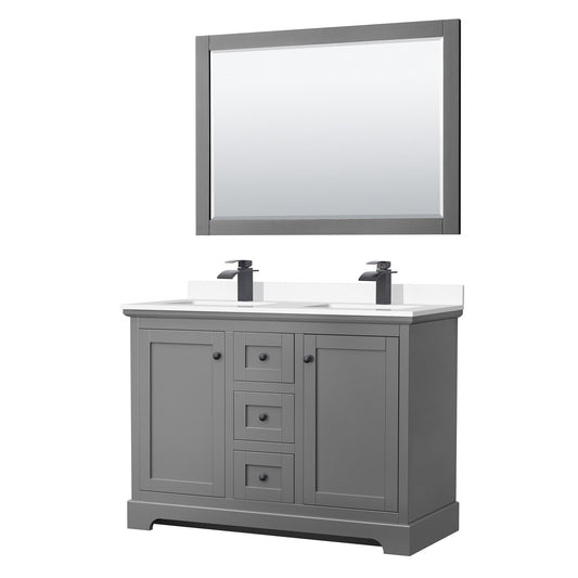Wyndham Collection Avery 48" Double Bathroom Vanity in Dark Gray, White Cultured Marble Countertop, Undermount Square Sinks, Matte Black Trim, 46" Mirror
