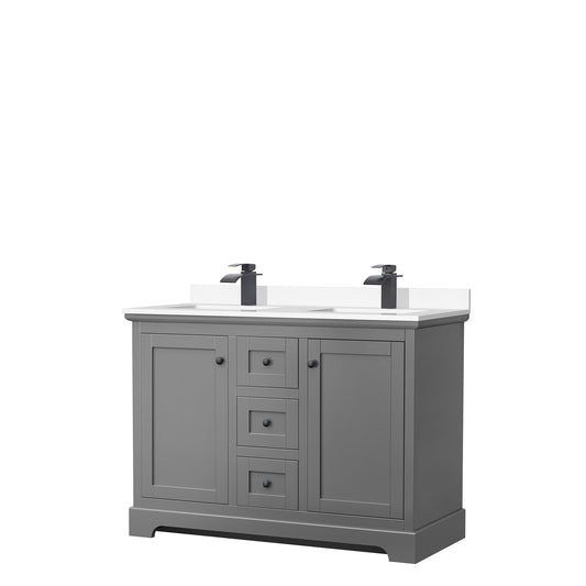Wyndham Collection Avery 48" Double Bathroom Vanity in Dark Gray, White Cultured Marble Countertop, Undermount Square Sinks, Matte Black Trim