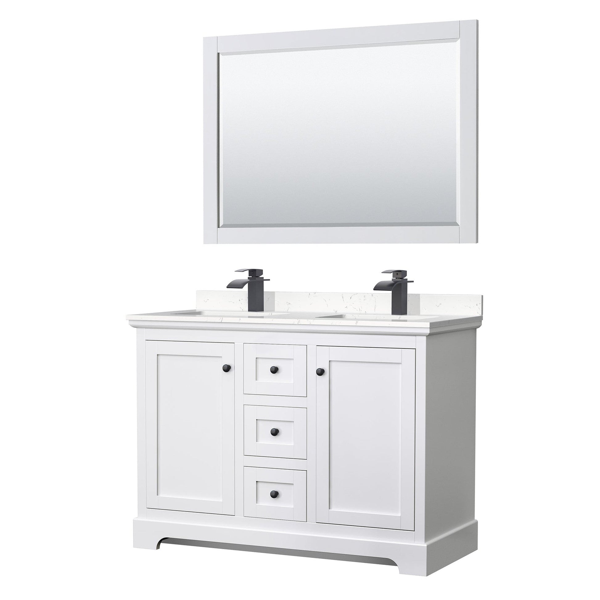 Wyndham Collection Avery 48" Double Bathroom Vanity in White, Carrara Cultured Marble Countertop, Undermount Square Sinks, Matte Black Trim, 46" Mirror