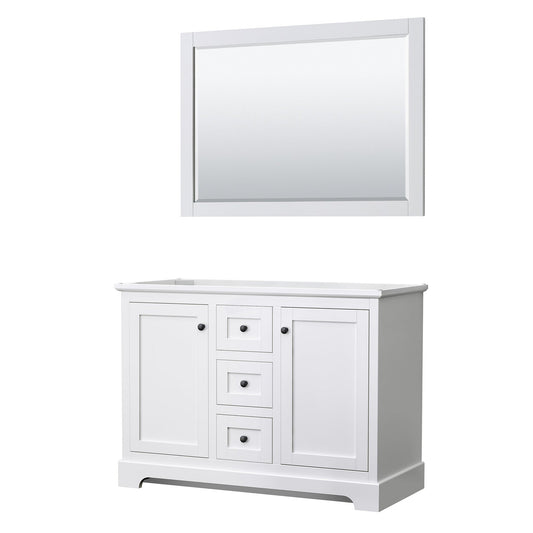 Wyndham Collection Avery 48" Double Bathroom Vanity in White, No Countertop, No Sinks, Matte Black Trim, 46" Mirror
