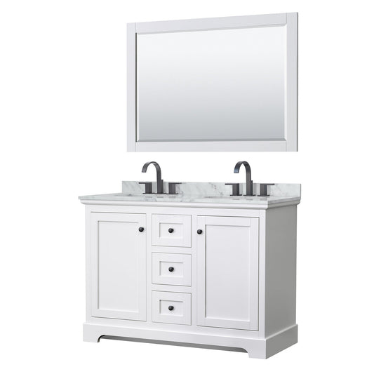 Wyndham Collection Avery 48" Double Bathroom Vanity in White, White Carrara Marble Countertop, Undermount Oval Sinks, Matte Black Trim, 46" Mirror