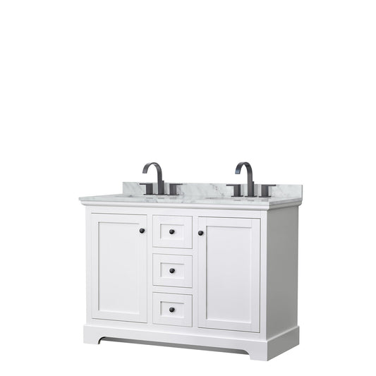 Wyndham Collection Avery 48" Double Bathroom Vanity in White, White Carrara Marble Countertop, Undermount Oval Sinks, Matte Black Trim