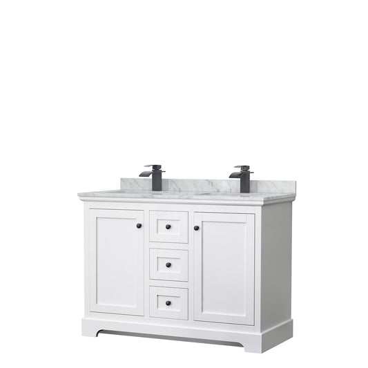 Wyndham Collection Avery 48" Double Bathroom Vanity in White, White Carrara Marble Countertop, Undermount Square Sinks, Matte Black Trim