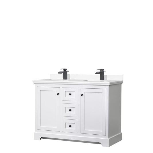 Wyndham Collection Avery 48" Double Bathroom Vanity in White, White Cultured Marble Countertop, Undermount Square Sinks, Matte Black Trim