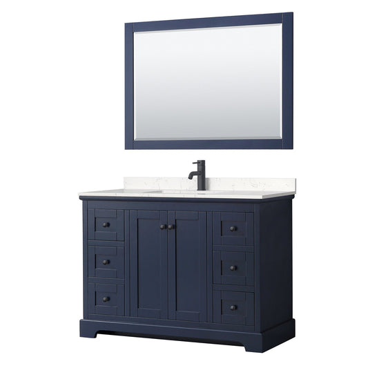 Wyndham Collection Avery 48" Single Bathroom Vanity in Dark Blue, Carrara Cultured Marble Countertop, Undermount Square Sink, Matte Black Trim, 46" Mirror
