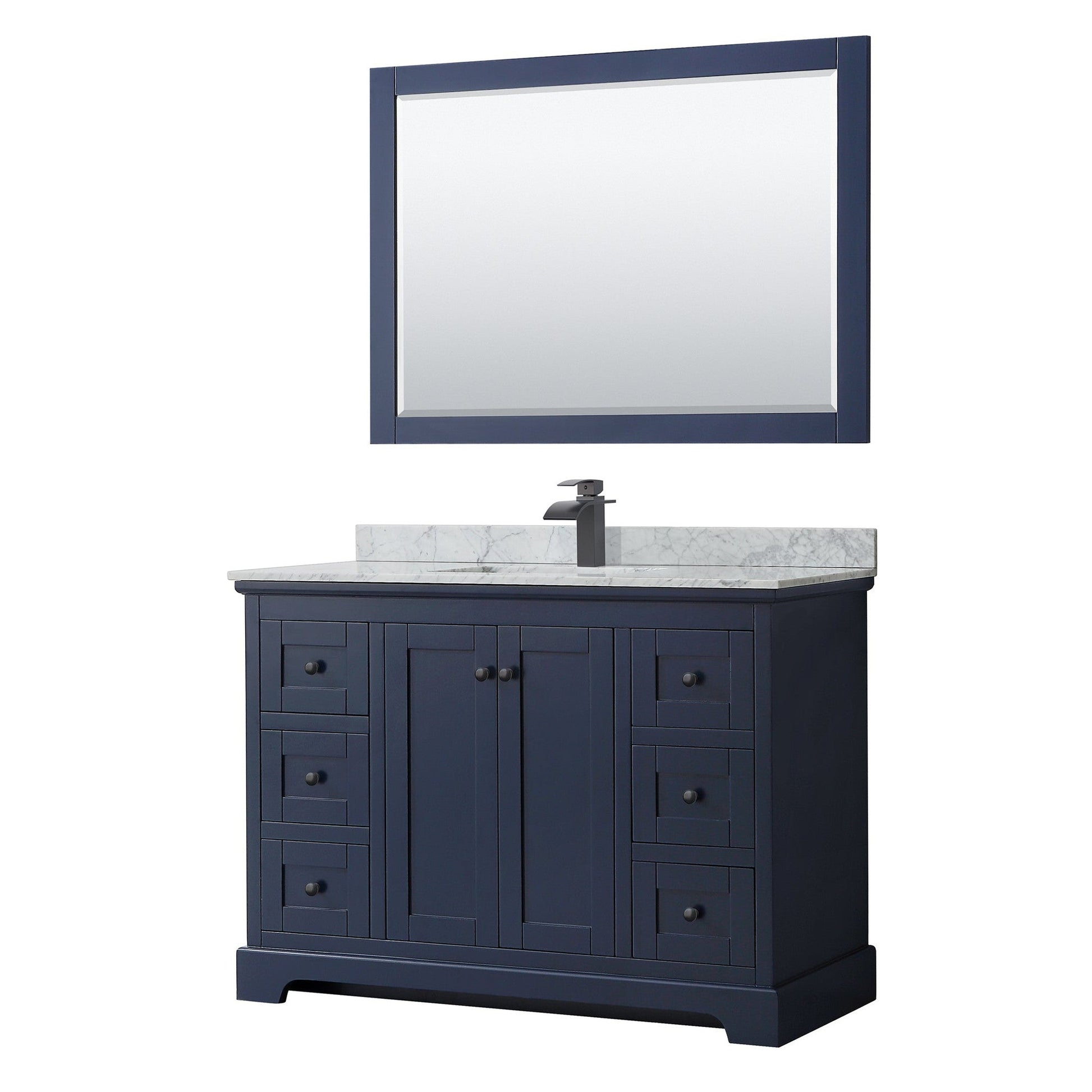 Wyndham Collection Avery 48" Single Bathroom Vanity in Dark Blue, White Carrara Marble Countertop, Undermount Square Sink, Matte Black Trim, 46" Mirror