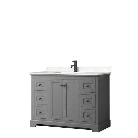Wyndham Collection Avery 48" Single Bathroom Vanity in Dark Gray, Carrara Cultured Marble Countertop, Undermount Square Sink, Matte Black Trim