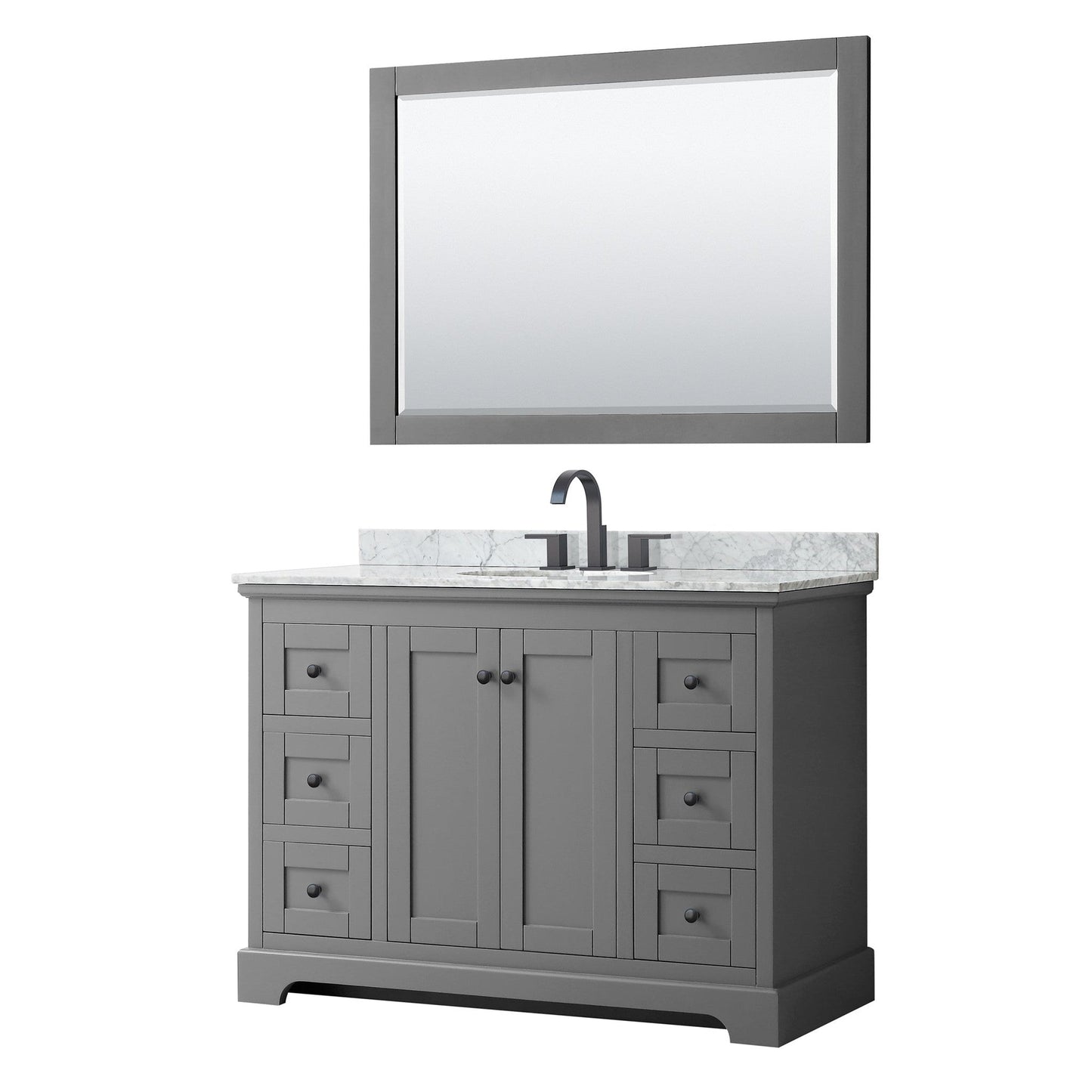 Wyndham Collection Avery 48" Single Bathroom Vanity in Dark Gray, White Carrara Marble Countertop, Undermount Oval Sink, Matte Black Trim, 46" Mirror