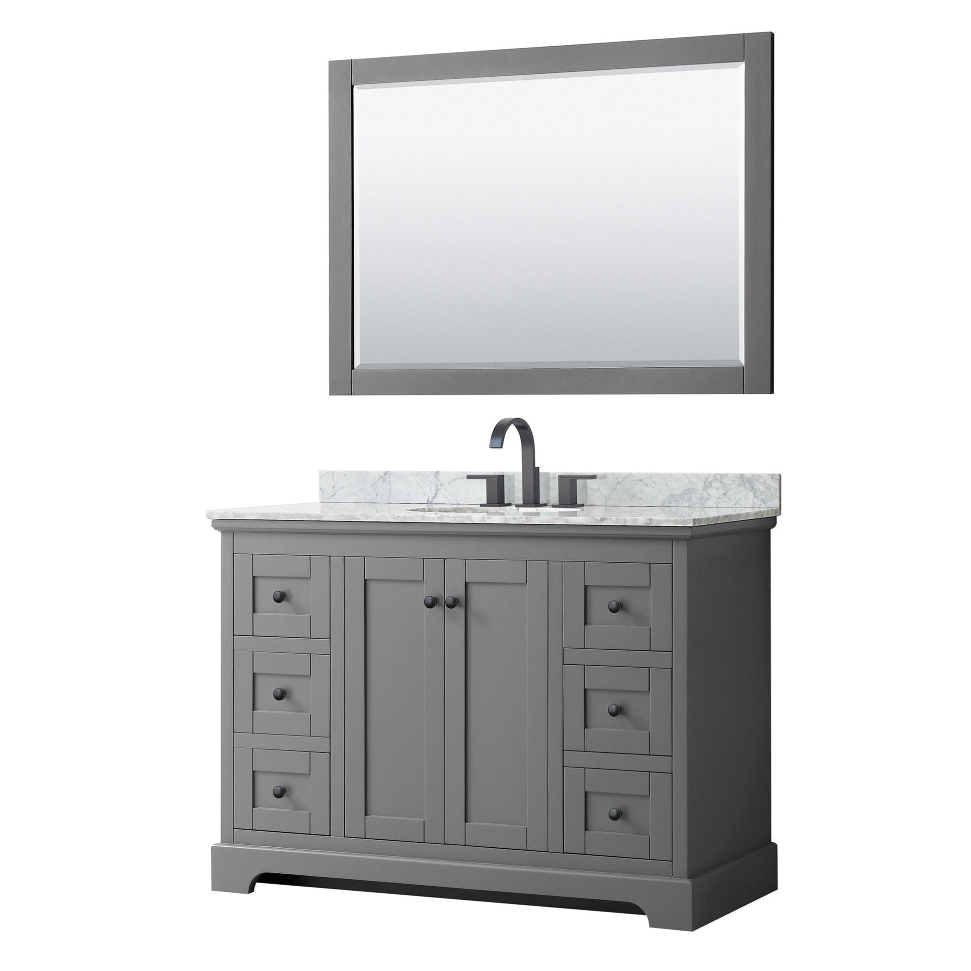 Wyndham Collection Avery 48" Single Bathroom Vanity in Dark Gray, White Carrara Marble Countertop, Undermount Oval Sink, Matte Black Trim, 46" Mirror