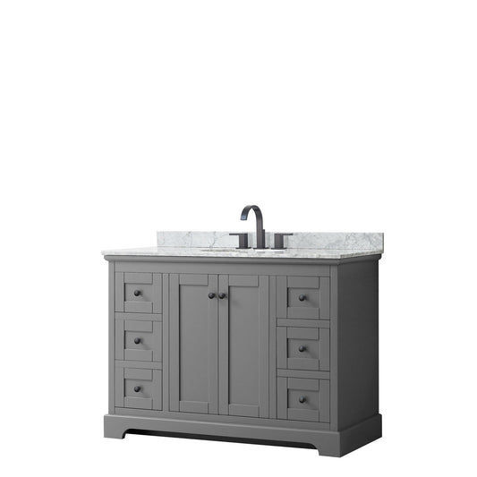 Wyndham Collection Avery 48" Single Bathroom Vanity in Dark Gray, White Carrara Marble Countertop, Undermount Oval Sink, Matte Black Trim