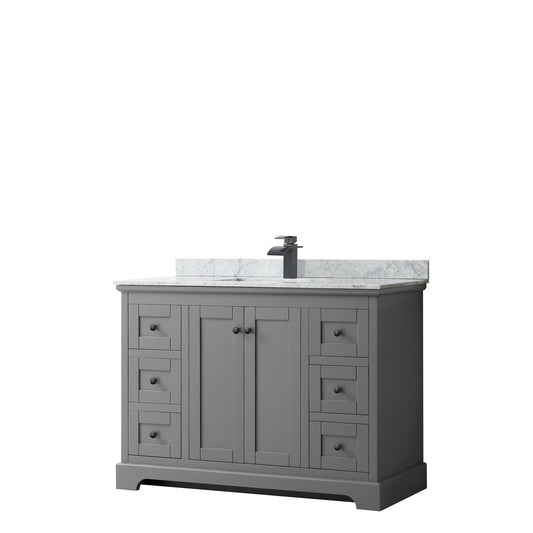 Wyndham Collection Avery 48" Single Bathroom Vanity in Dark Gray, White Carrara Marble Countertop, Undermount Square Sink, Matte Black Trim