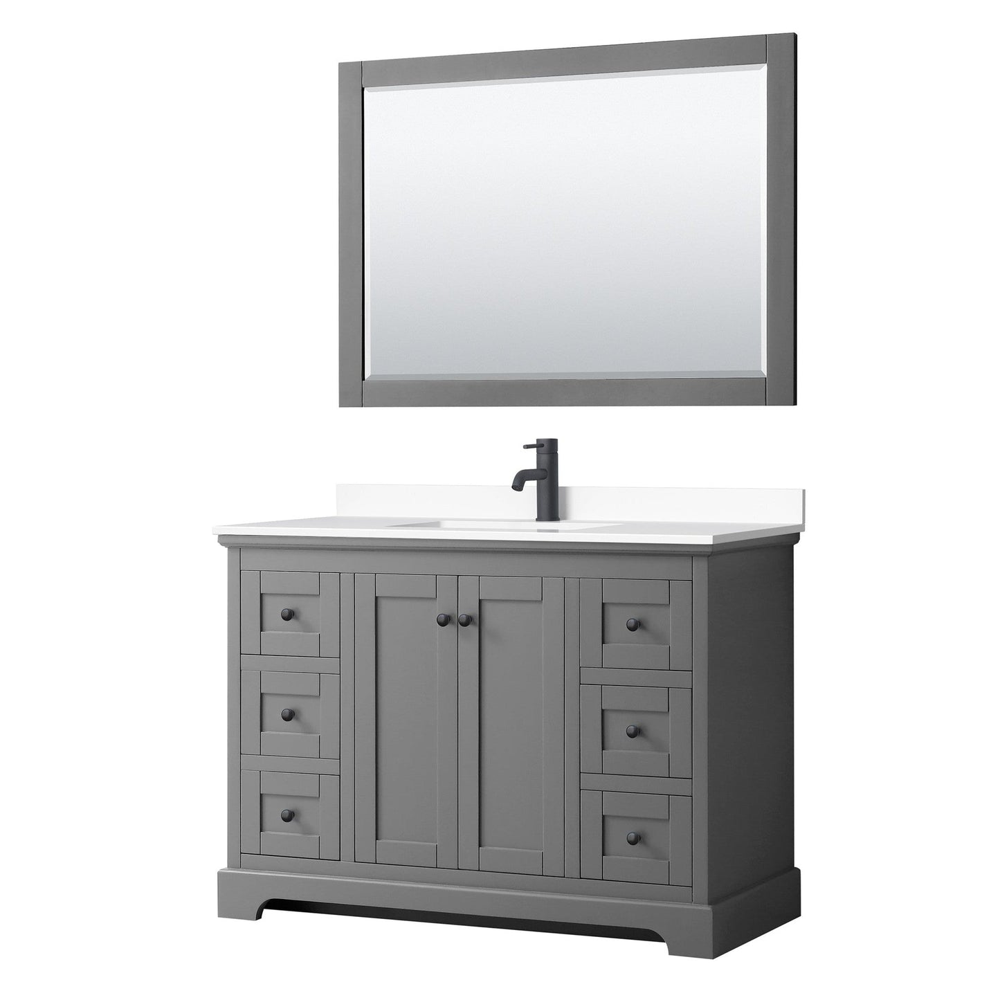 Wyndham Collection Avery 48" Single Bathroom Vanity in Dark Gray, White Cultured Marble Countertop, Undermount Square Sink, Matte Black Trim, 46" Mirror