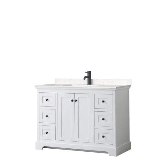 Wyndham Collection Avery 48" Single Bathroom Vanity in White, Carrara Cultured Marble Countertop, Undermount Square Sink, Matte Black Trim