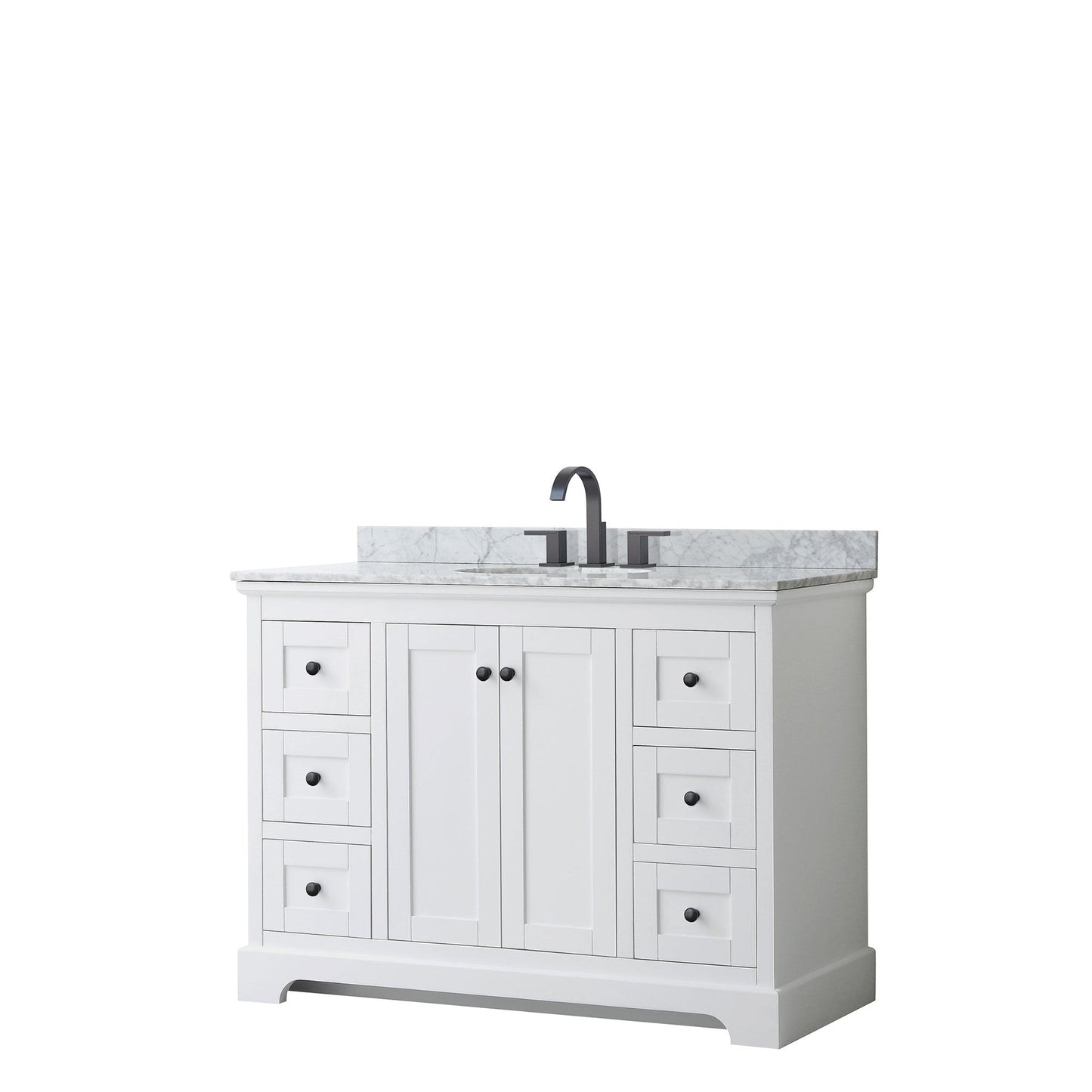 Wyndham Collection Avery 48" Single Bathroom Vanity in White, White Carrara Marble Countertop, Undermount Oval Sink, Matte Black Trim