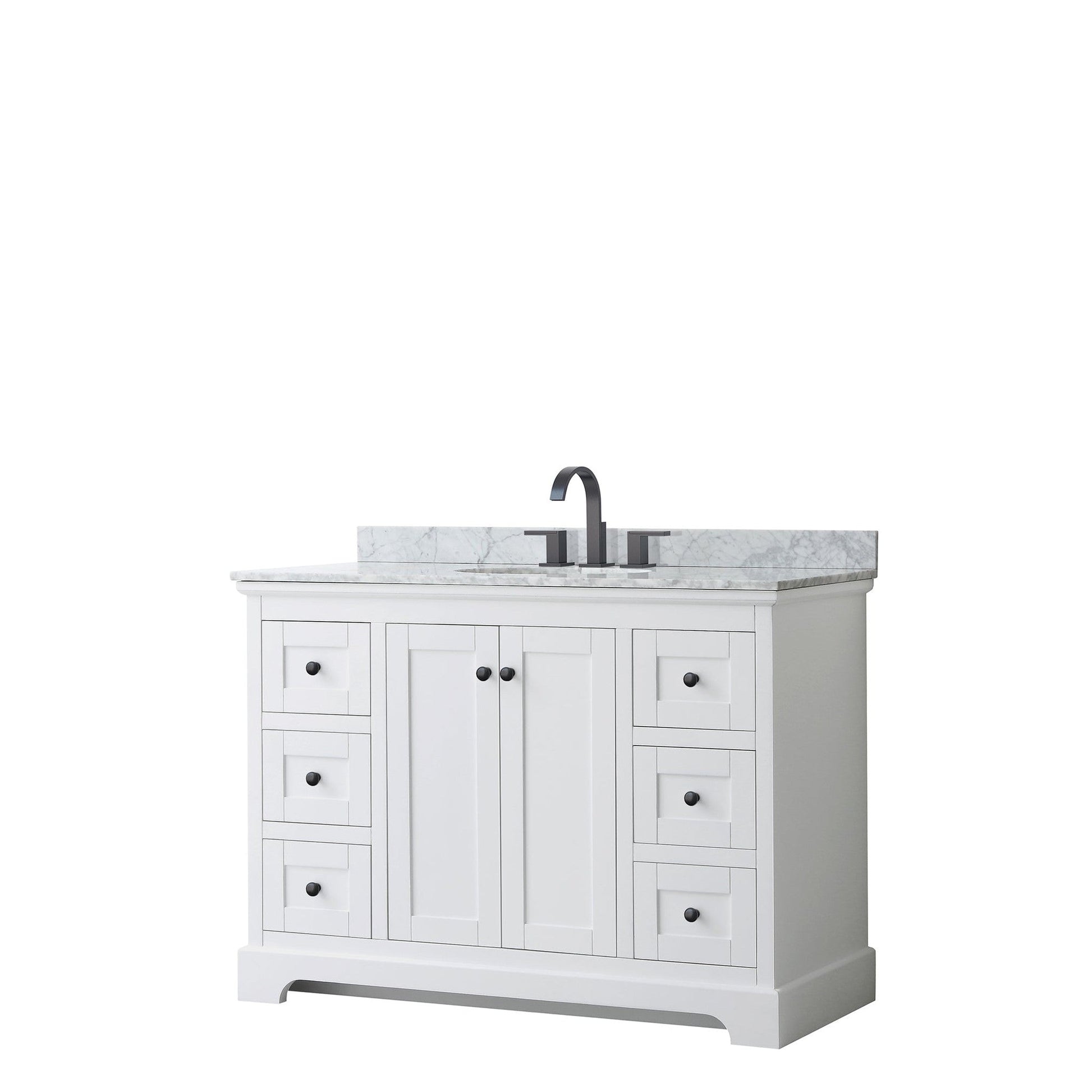 Wyndham Collection Avery 48" Single Bathroom Vanity in White, White Carrara Marble Countertop, Undermount Oval Sink, Matte Black Trim