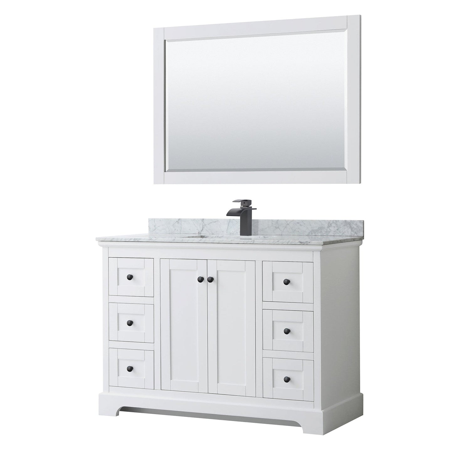 Wyndham Collection Avery 48" Single Bathroom Vanity in White, White Carrara Marble Countertop, Undermount Square Sink, Matte Black Trim, 46" Mirror