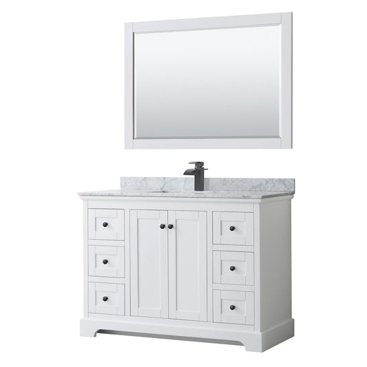 Wyndham Collection Avery 48" Single Bathroom Vanity in White, White Carrara Marble Countertop, Undermount Square Sink, Matte Black Trim, 46" Mirror