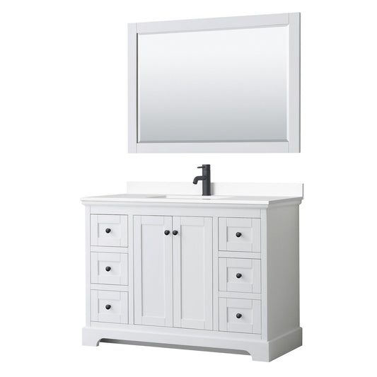 Wyndham Collection Avery 48" Single Bathroom Vanity in White, White Cultured Marble Countertop, Undermount Square Sink, Matte Black Trim, 46" Mirror
