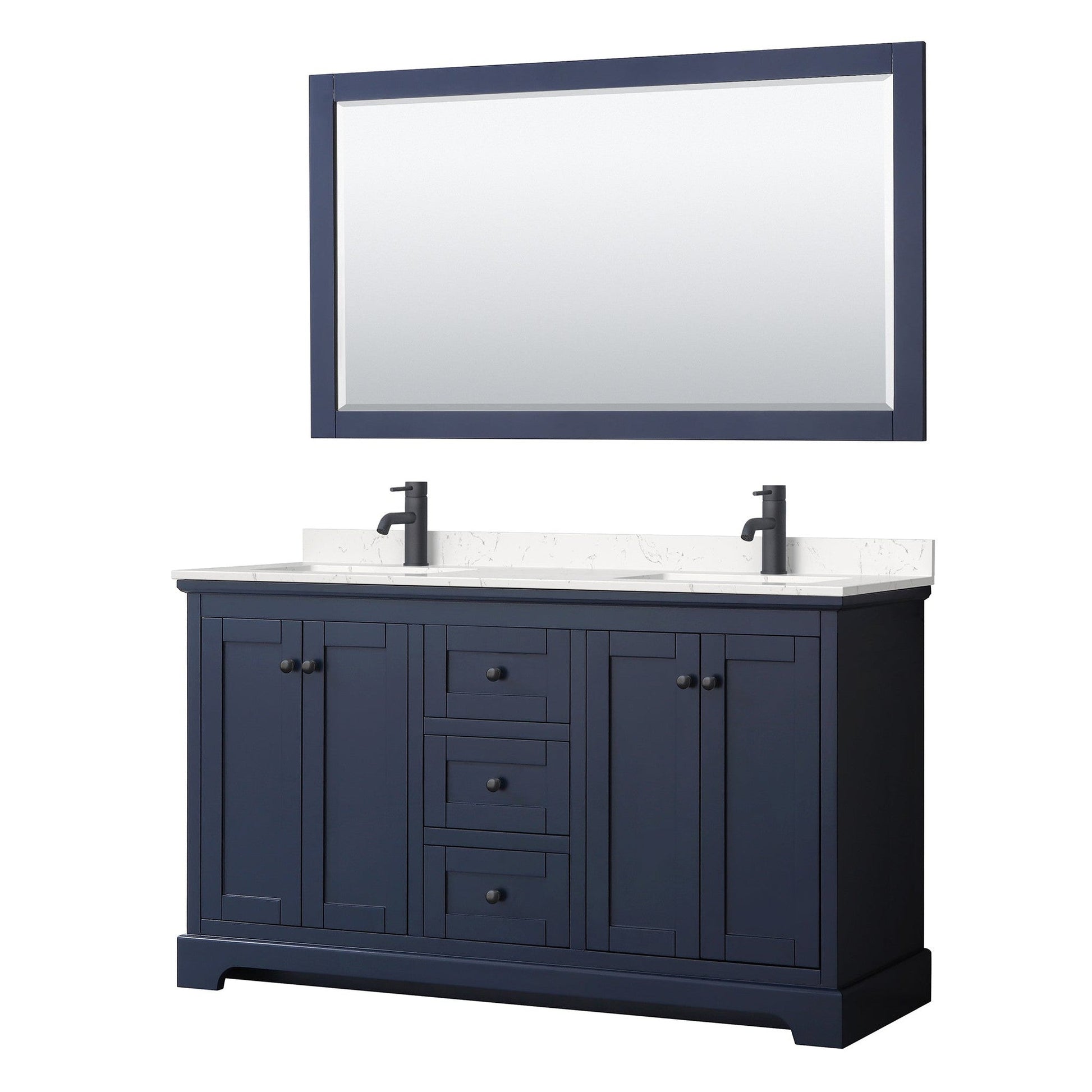 Wyndham Collection Avery 60" Double Bathroom Vanity in Dark Blue, Carrara Cultured Marble Countertop, Undermount Square Sinks, Matte Black Trim, 58" Mirror