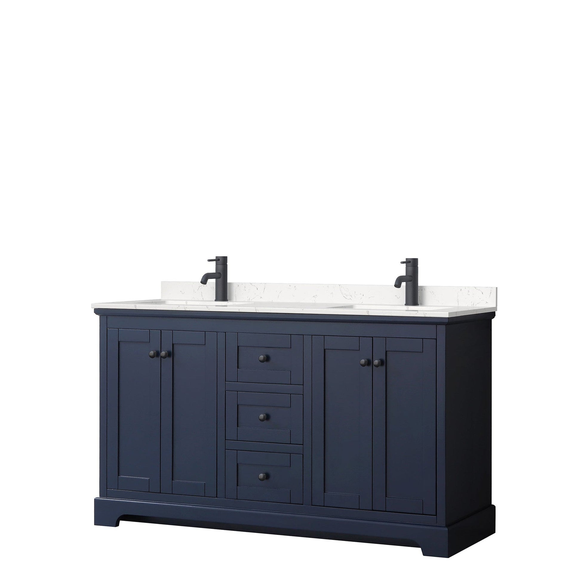 Wyndham Collection Avery 60" Double Bathroom Vanity in Dark Blue, Carrara Cultured Marble Countertop, Undermount Square Sinks, Matte Black Trim