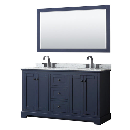 Wyndham Collection Avery 60" Double Bathroom Vanity in Dark Blue, White Carrara Marble Countertop, Undermount Oval Sinks, Matte Black Trim, 58" Mirror