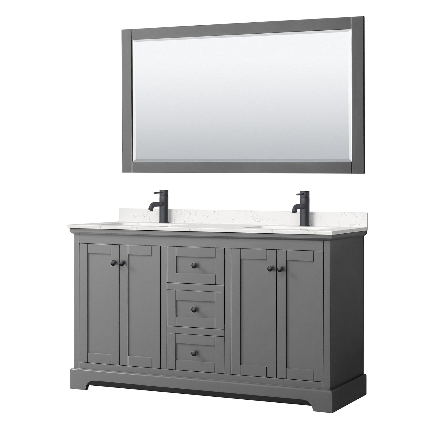 Wyndham Collection Avery 60" Double Bathroom Vanity in Dark Gray, Carrara Cultured Marble Countertop, Undermount Square Sinks, Matte Black Trim, 58" Mirror