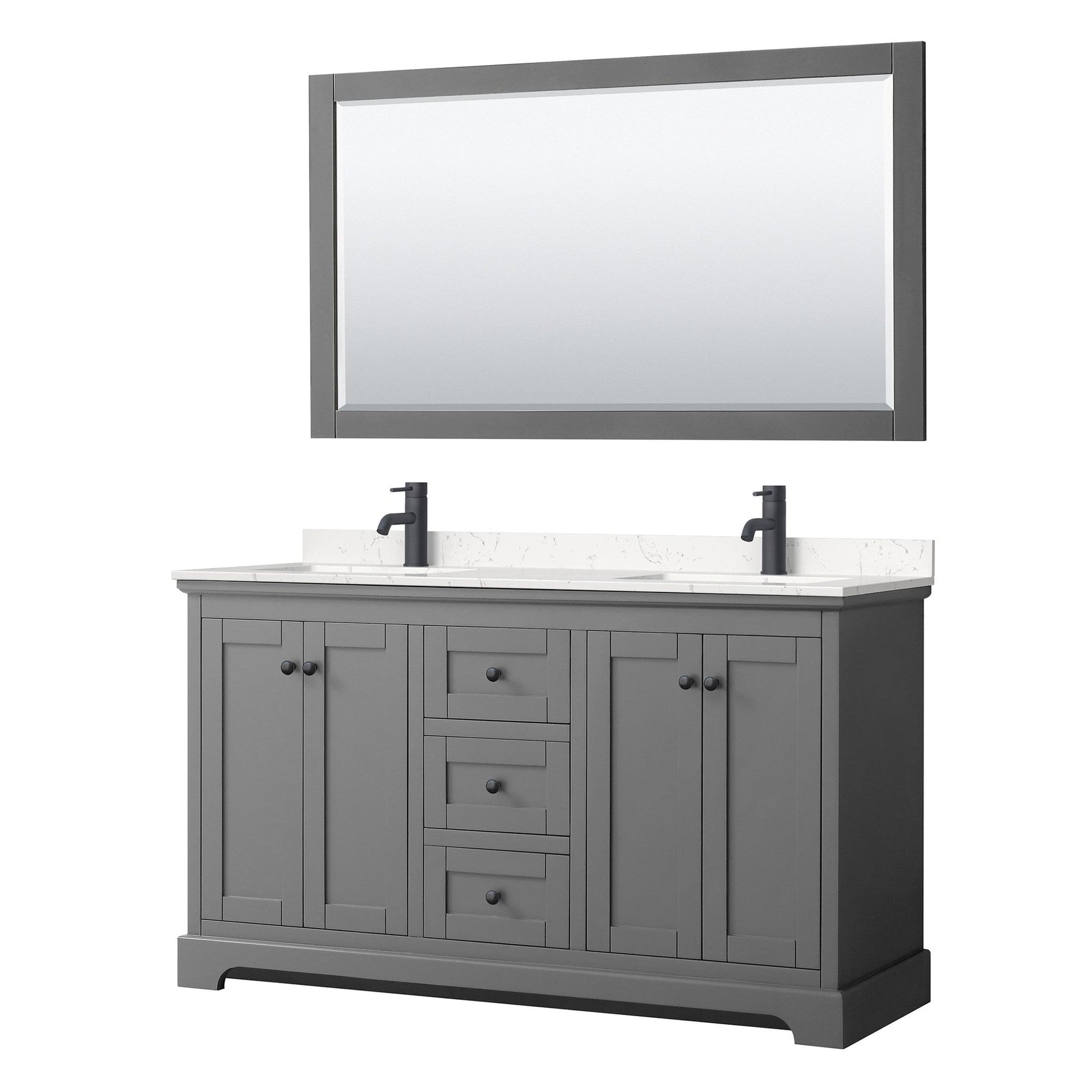 Wyndham Collection Avery 60" Double Bathroom Vanity in Dark Gray, Carrara Cultured Marble Countertop, Undermount Square Sinks, Matte Black Trim, 58" Mirror
