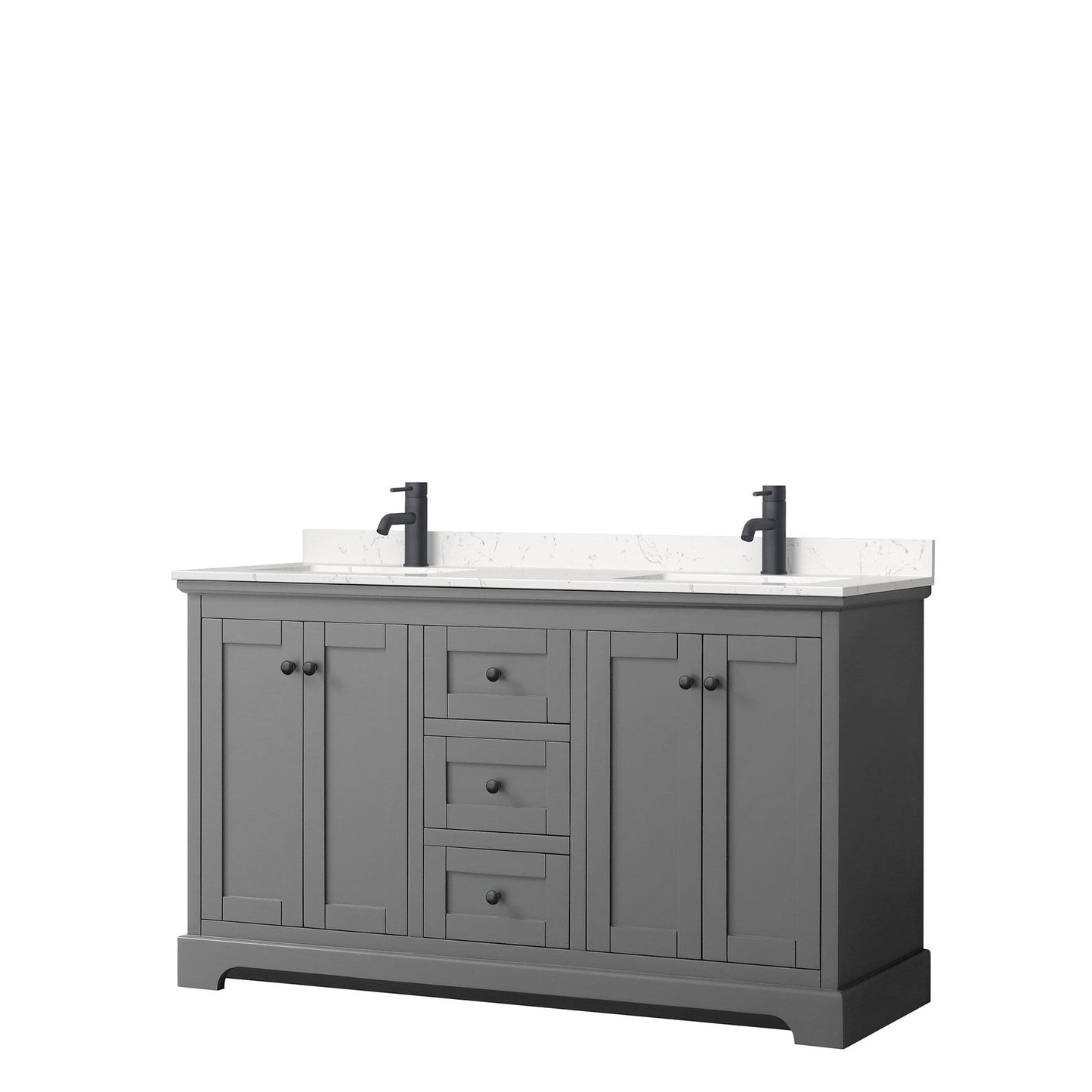 Wyndham Collection Avery 60" Double Bathroom Vanity in Dark Gray, Carrara Cultured Marble Countertop, Undermount Square Sinks, Matte Black Trim