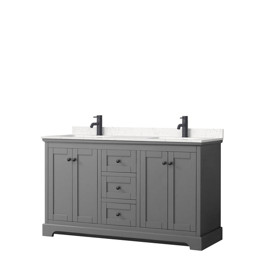 Wyndham Collection Avery 60" Double Bathroom Vanity in Dark Gray, Carrara Cultured Marble Countertop, Undermount Square Sinks, Matte Black Trim