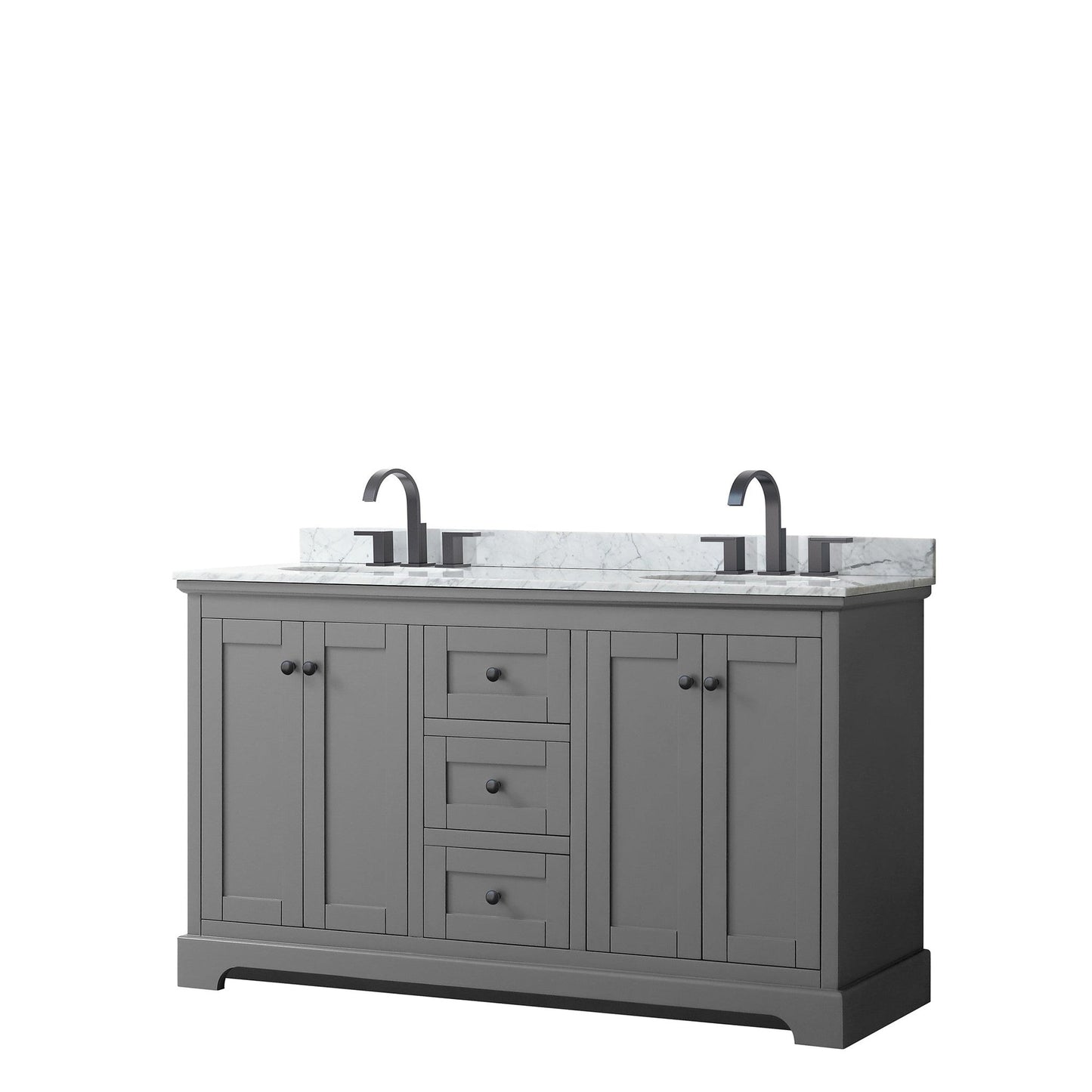 Wyndham Collection Avery 60" Double Bathroom Vanity in Dark Gray, White Carrara Marble Countertop, Undermount Oval Sinks, Matte Black Trim