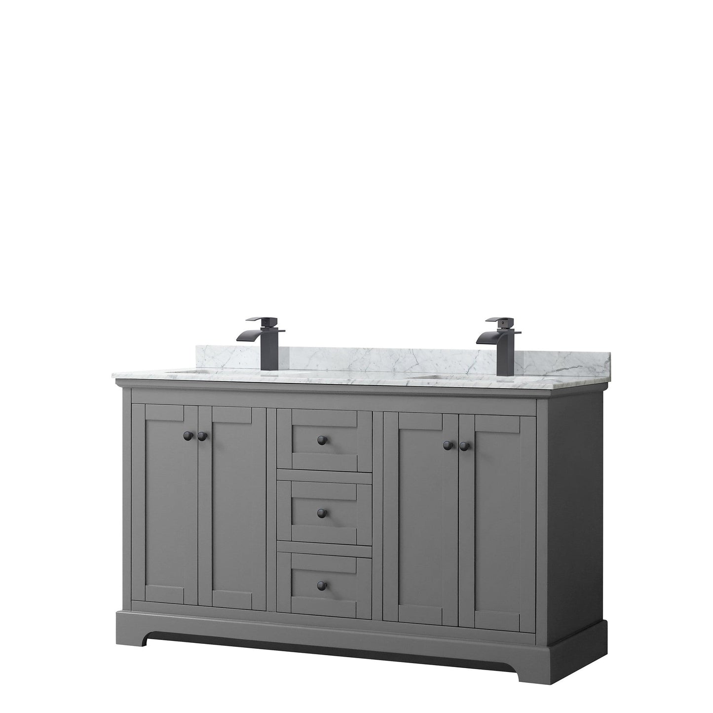 Wyndham Collection Avery 60" Double Bathroom Vanity in Dark Gray, White Carrara Marble Countertop, Undermount Square Sinks, Matte Black Trim