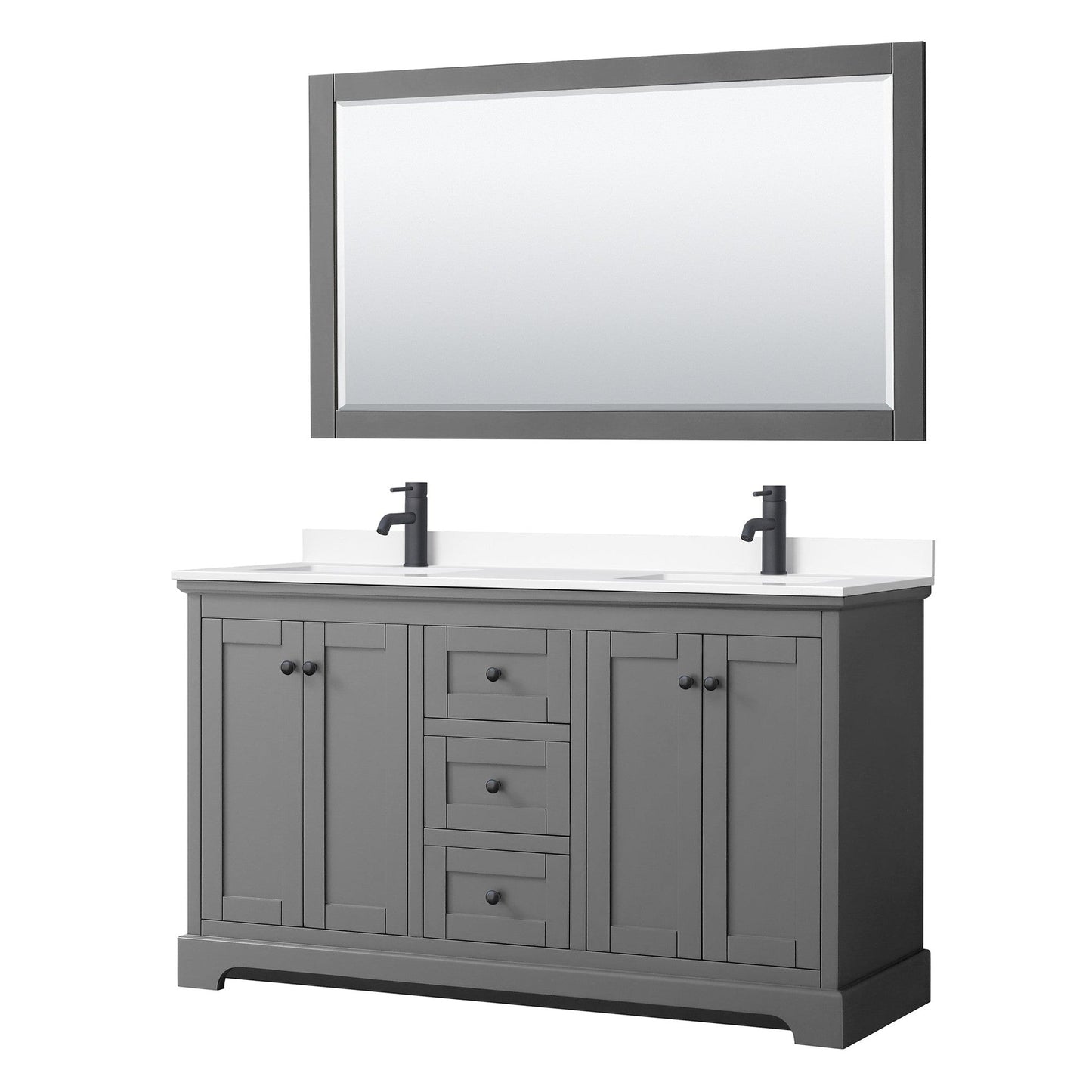 Wyndham Collection Avery 60" Double Bathroom Vanity in Dark Gray, White Cultured Marble Countertop, Undermount Square Sinks, Matte Black Trim, 58" Mirror