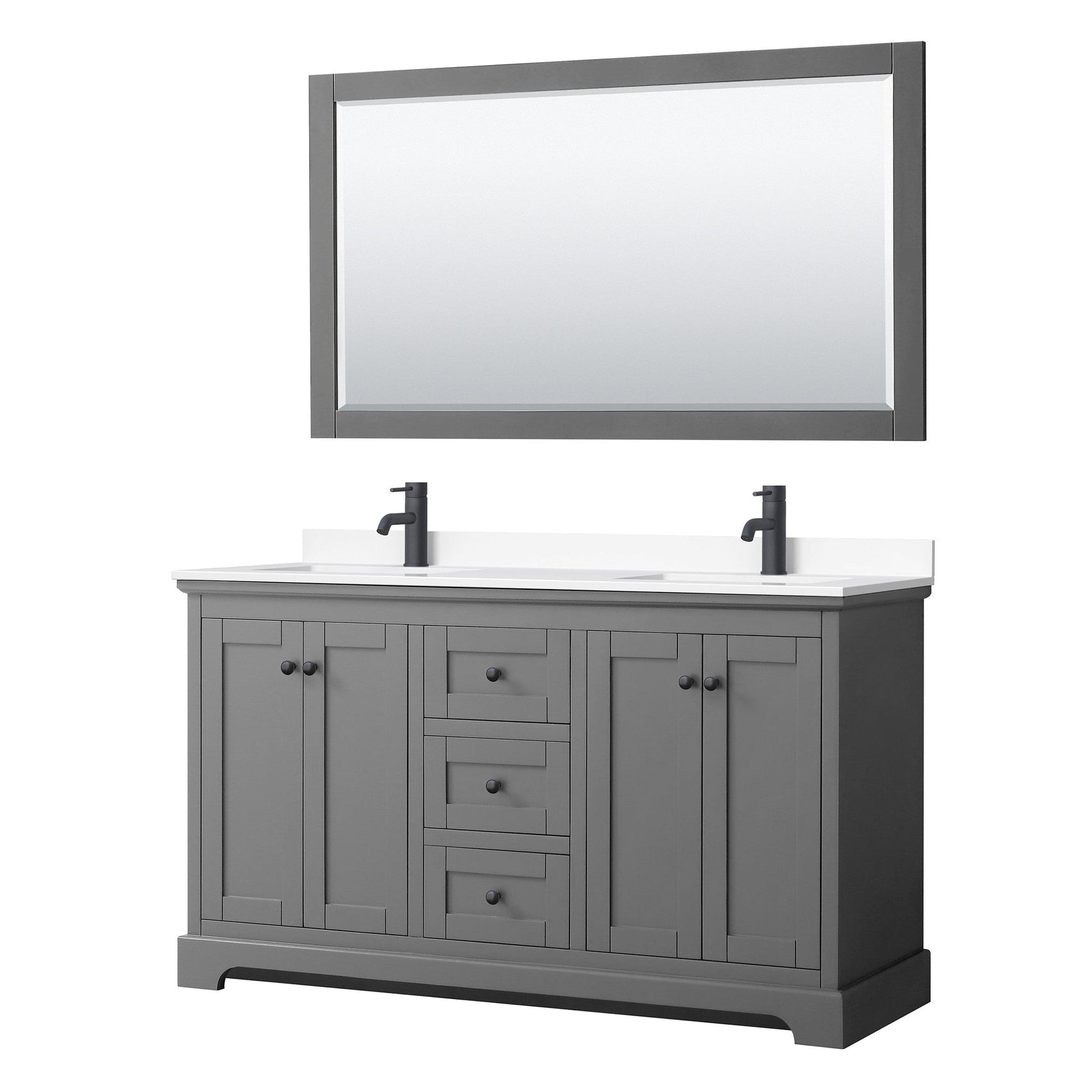 Wyndham Collection Avery 60" Double Bathroom Vanity in Dark Gray, White Cultured Marble Countertop, Undermount Square Sinks, Matte Black Trim, 58" Mirror