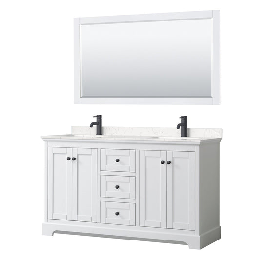 Wyndham Collection Avery 60" Double Bathroom Vanity in White, Carrara Cultured Marble Countertop, Undermount Square Sinks, Matte Black Trim, 58" Mirror
