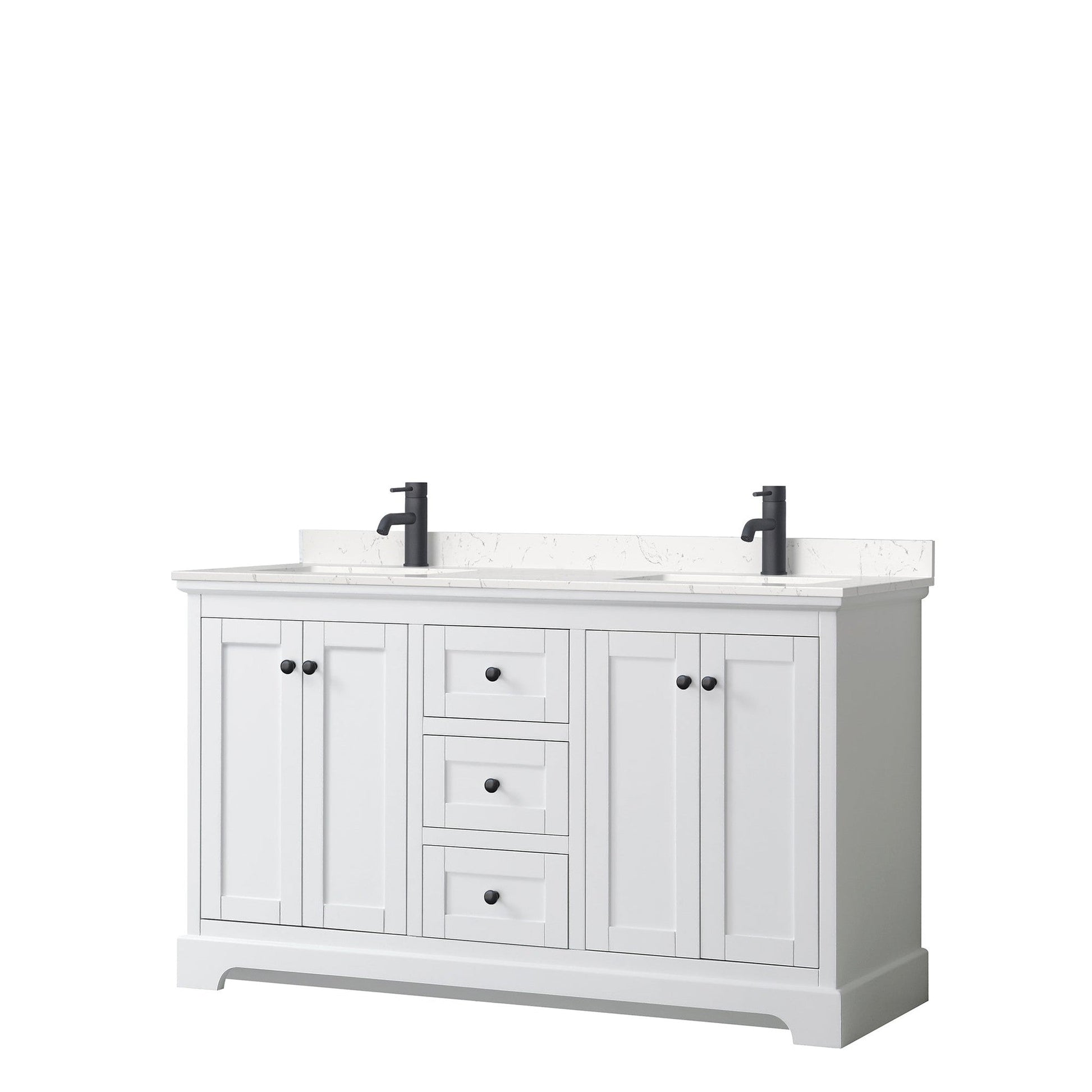 Wyndham Collection Avery 60" Double Bathroom Vanity in White, Carrara Cultured Marble Countertop, Undermount Square Sinks, Matte Black Trim