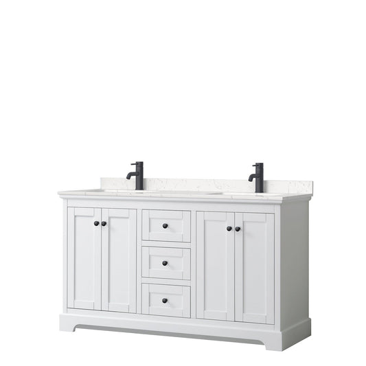 Wyndham Collection Avery 60" Double Bathroom Vanity in White, Carrara Cultured Marble Countertop, Undermount Square Sinks, Matte Black Trim