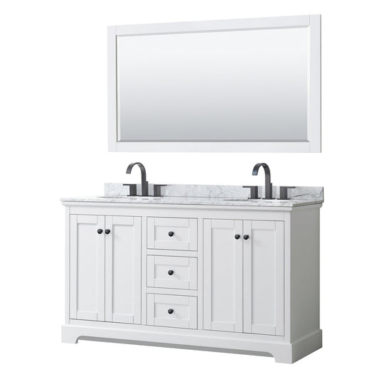 Wyndham Collection Avery 60" Double Bathroom Vanity in White, White Carrara Marble Countertop, Undermount Oval Sinks, Matte Black Trim, 58" Mirror