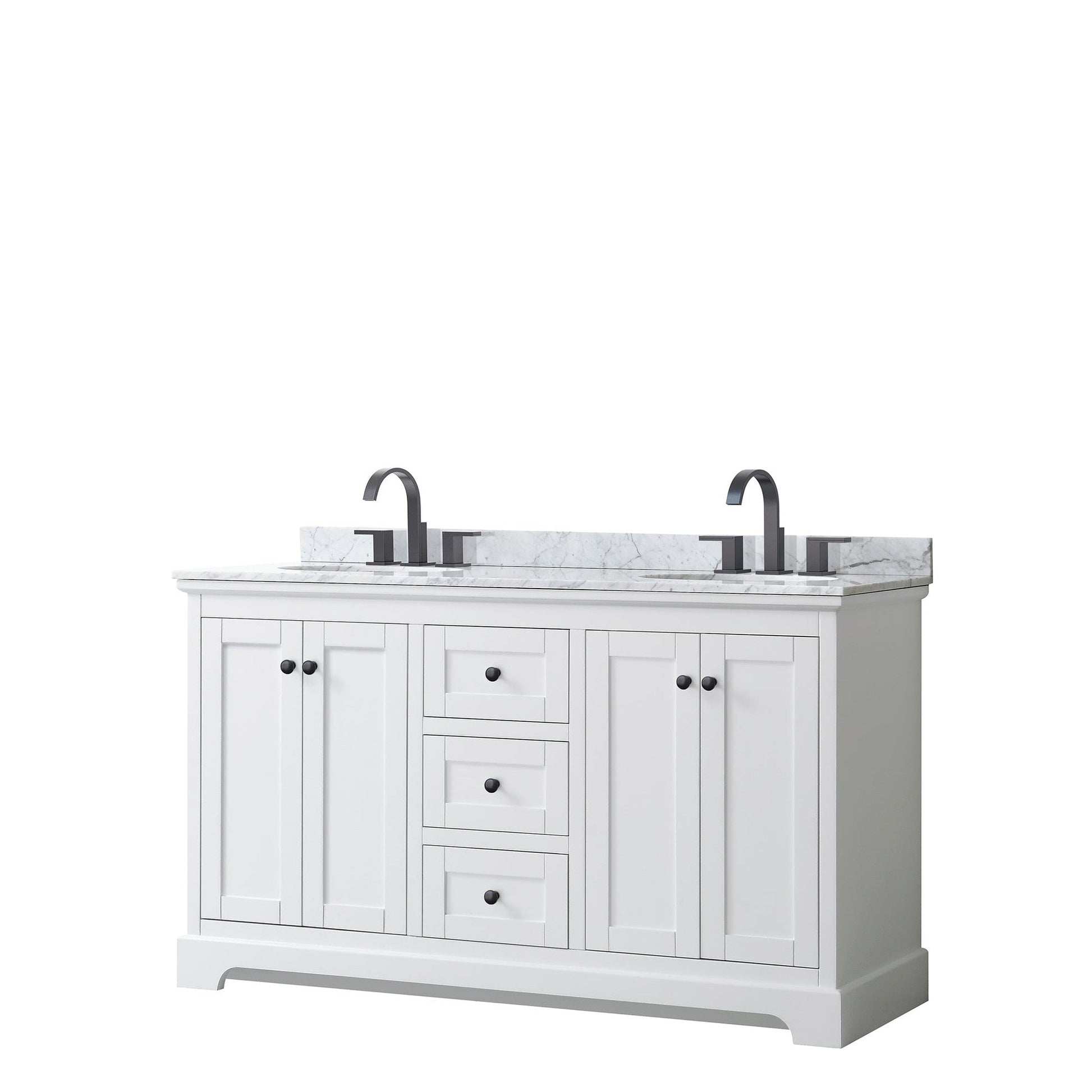 Wyndham Collection Avery 60" Double Bathroom Vanity in White, White Carrara Marble Countertop, Undermount Oval Sinks, Matte Black Trim