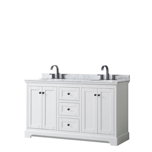Wyndham Collection Avery 60" Double Bathroom Vanity in White, White Carrara Marble Countertop, Undermount Oval Sinks, Matte Black Trim